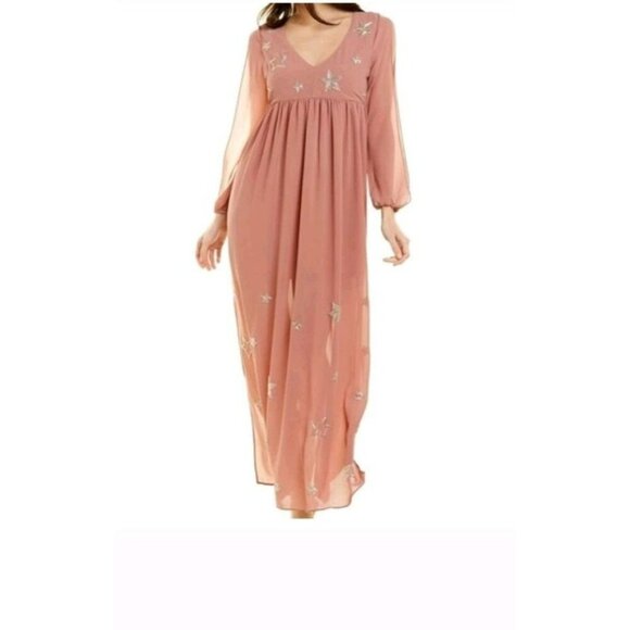 NWT Size Small Chaser Blush Pink Beaded Star Maxi Dress Slit Sleeves - Picture 9 of 9